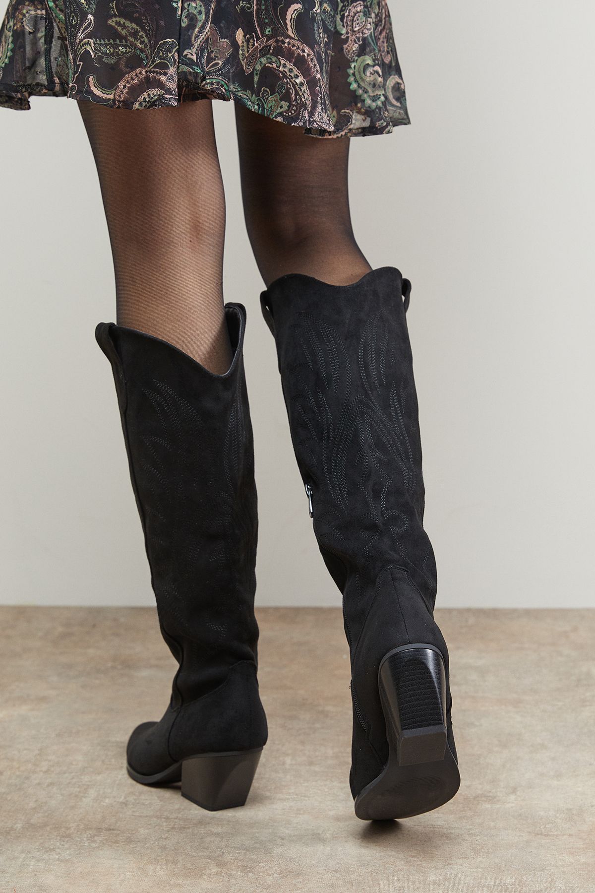 Oasis Maggie Faux Suede Embroidered Knee High Western Boots Black image 3