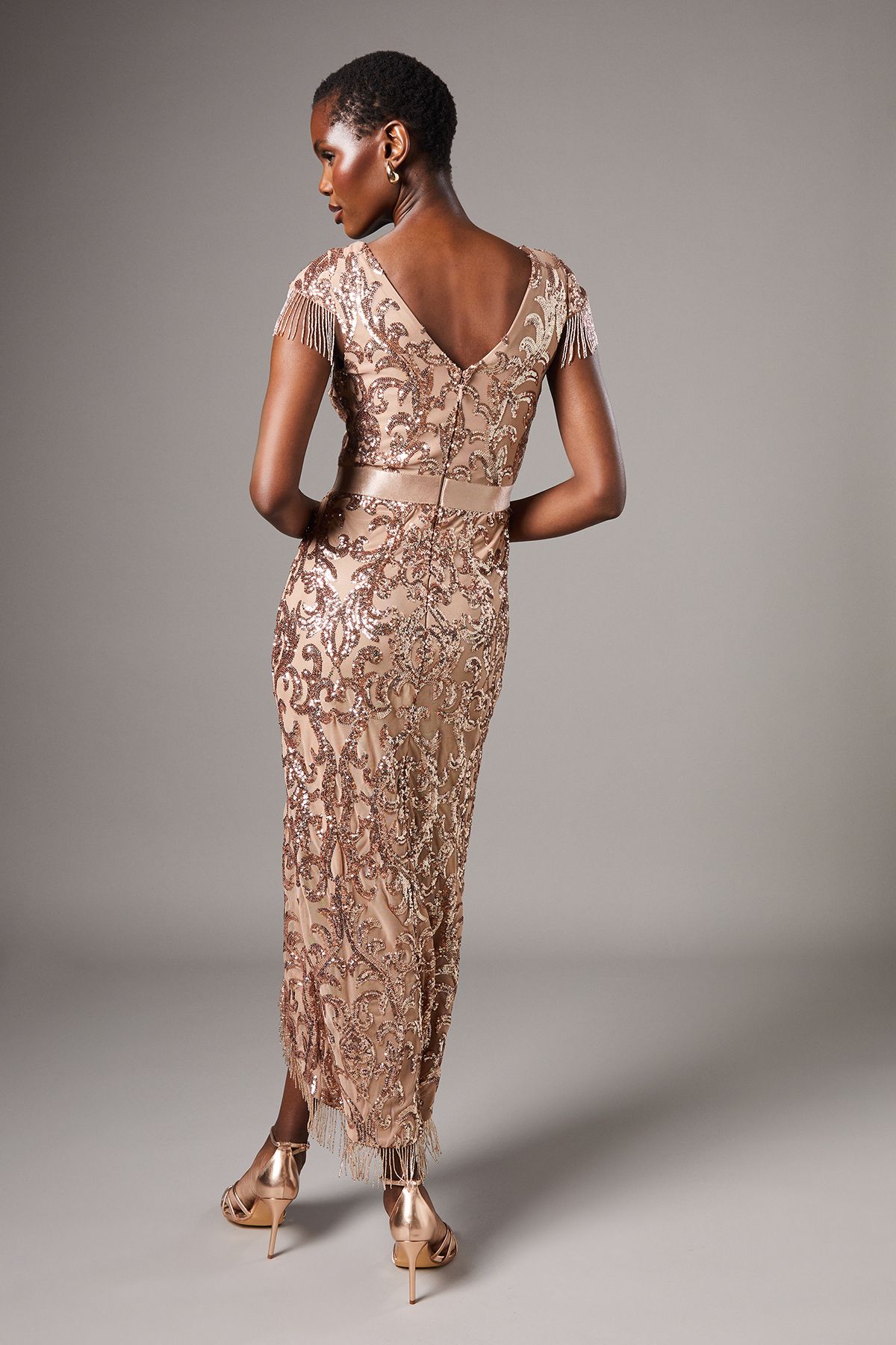 Coast Cap Sleeve Sequin Midi Dress Champagne image 3