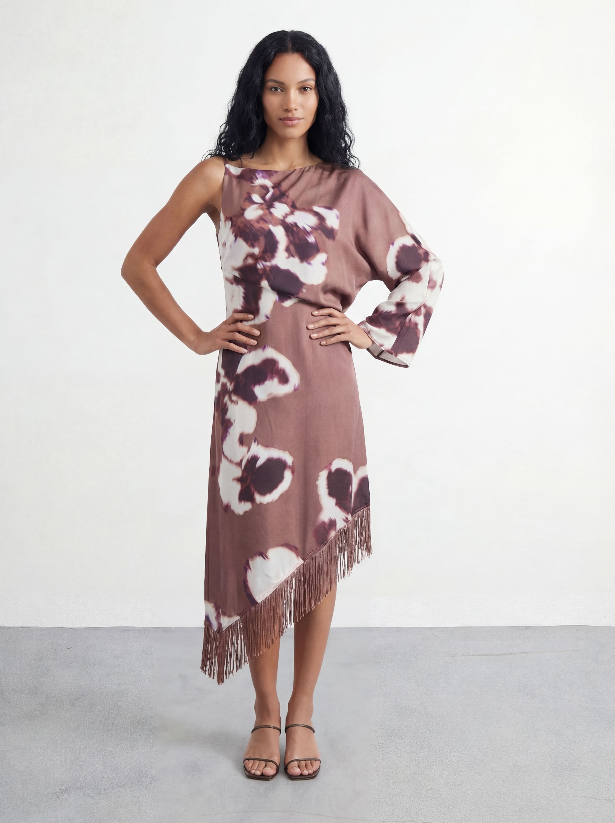 Warehouse Petite Placement Print One Shoulder Satin Midi Dress Floral image 3