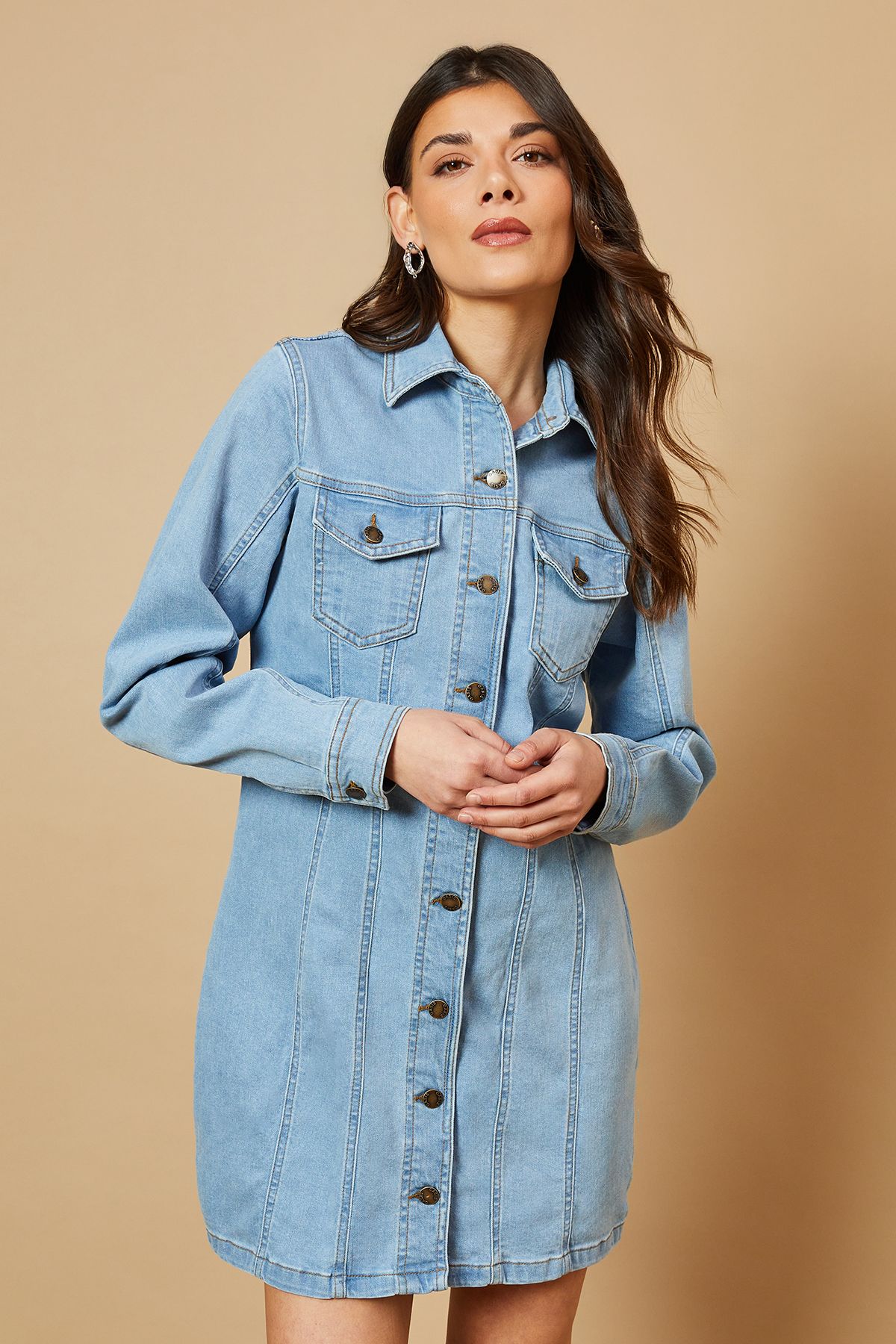 Oasis Long Sleeve Fitted Denim Mini Dress Light Wash image 1