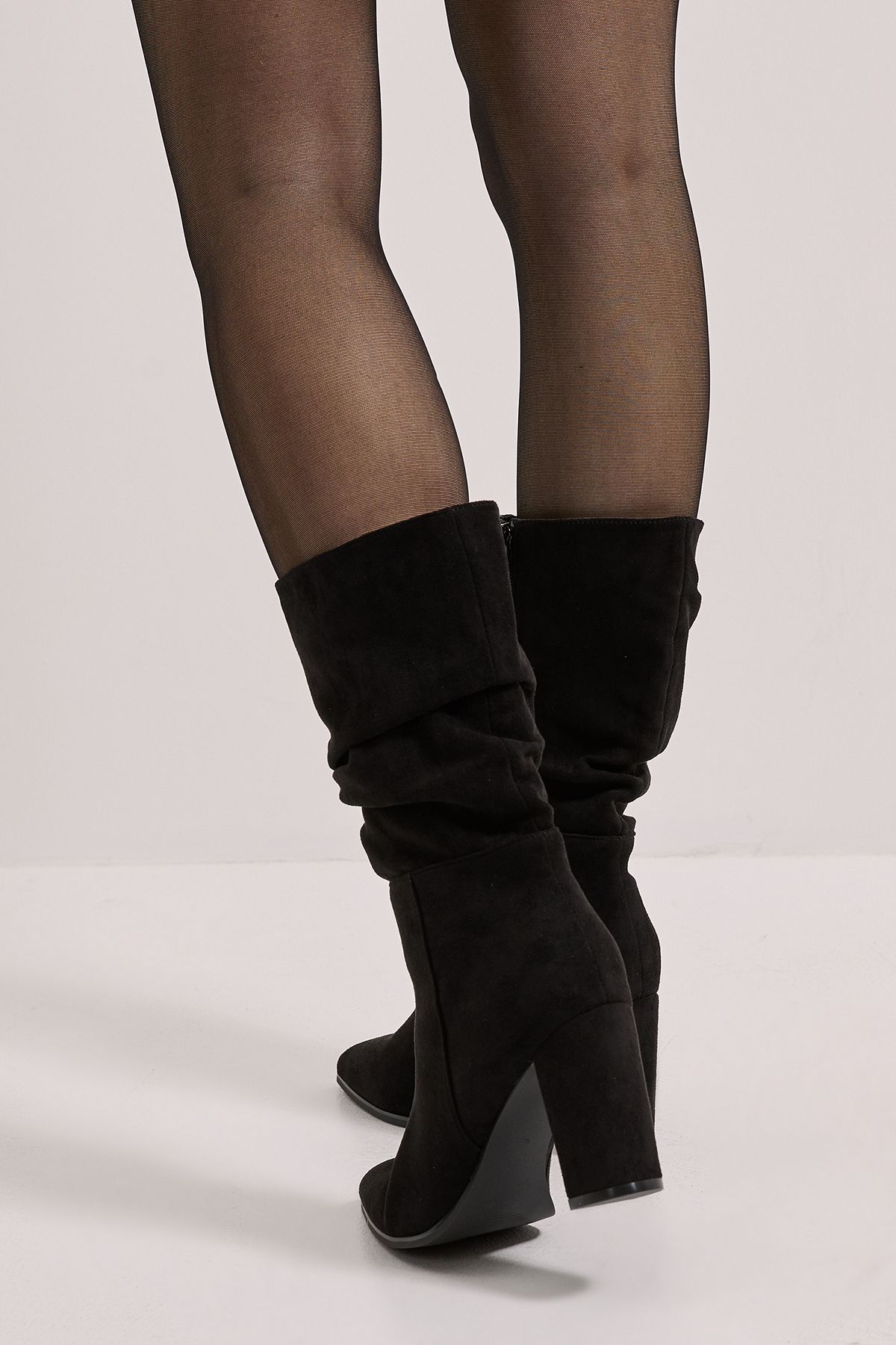 Dorothy Perkins Arina Faux Suede Ruche High Block Heel Calf Boots Natural Black image 4