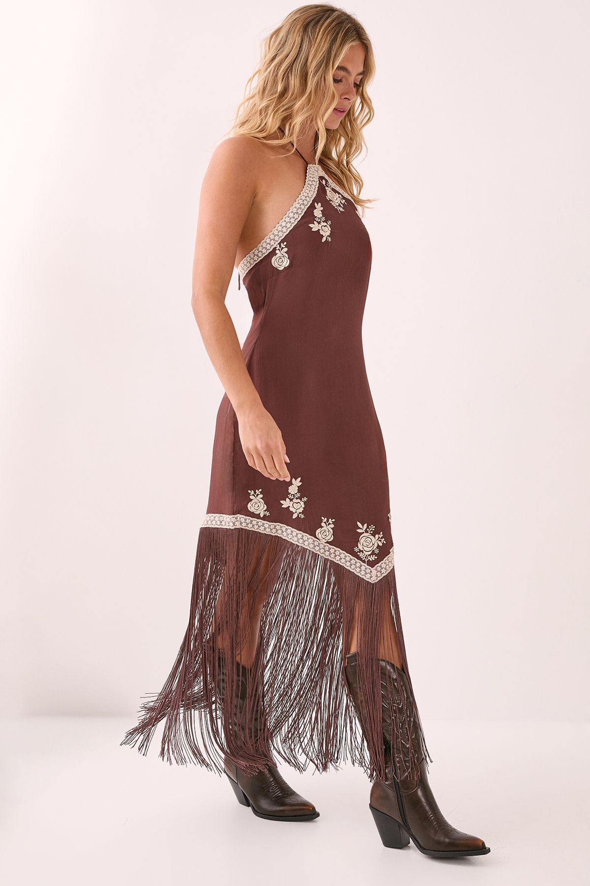 NastyGal Western Embroidered Halter Neck Fringe Mini Dress Chocolate image 2