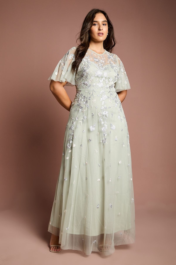 Coast Plus Size Embroidered Angel Sleeve Bridesmaid Maxi Dress Sage