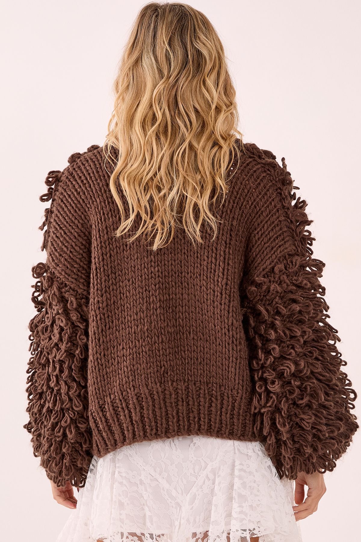 NastyGal Chunky Loop Yarn Knitted Cardigan Chocolate image 3