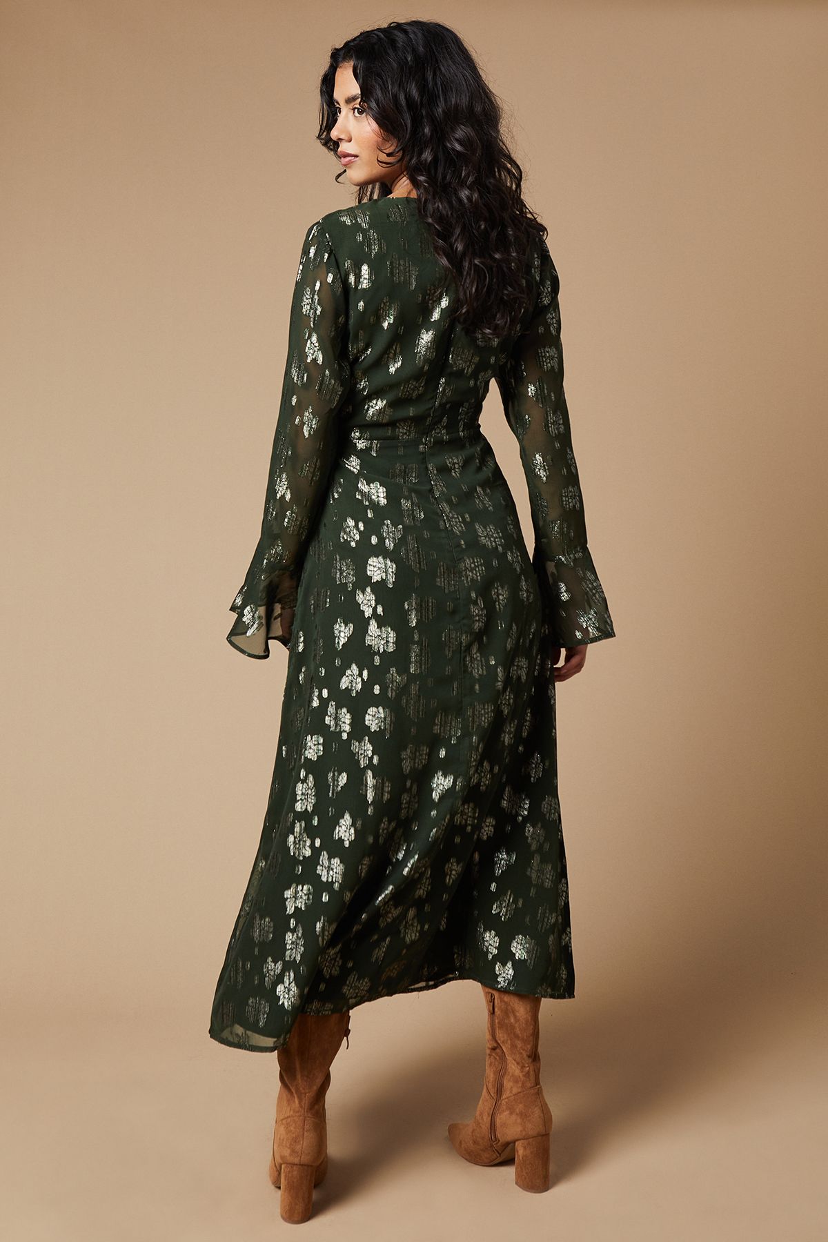 Oasis Metallic Jacquard Flute Sleeve Midi Dress Dark Olive image 3