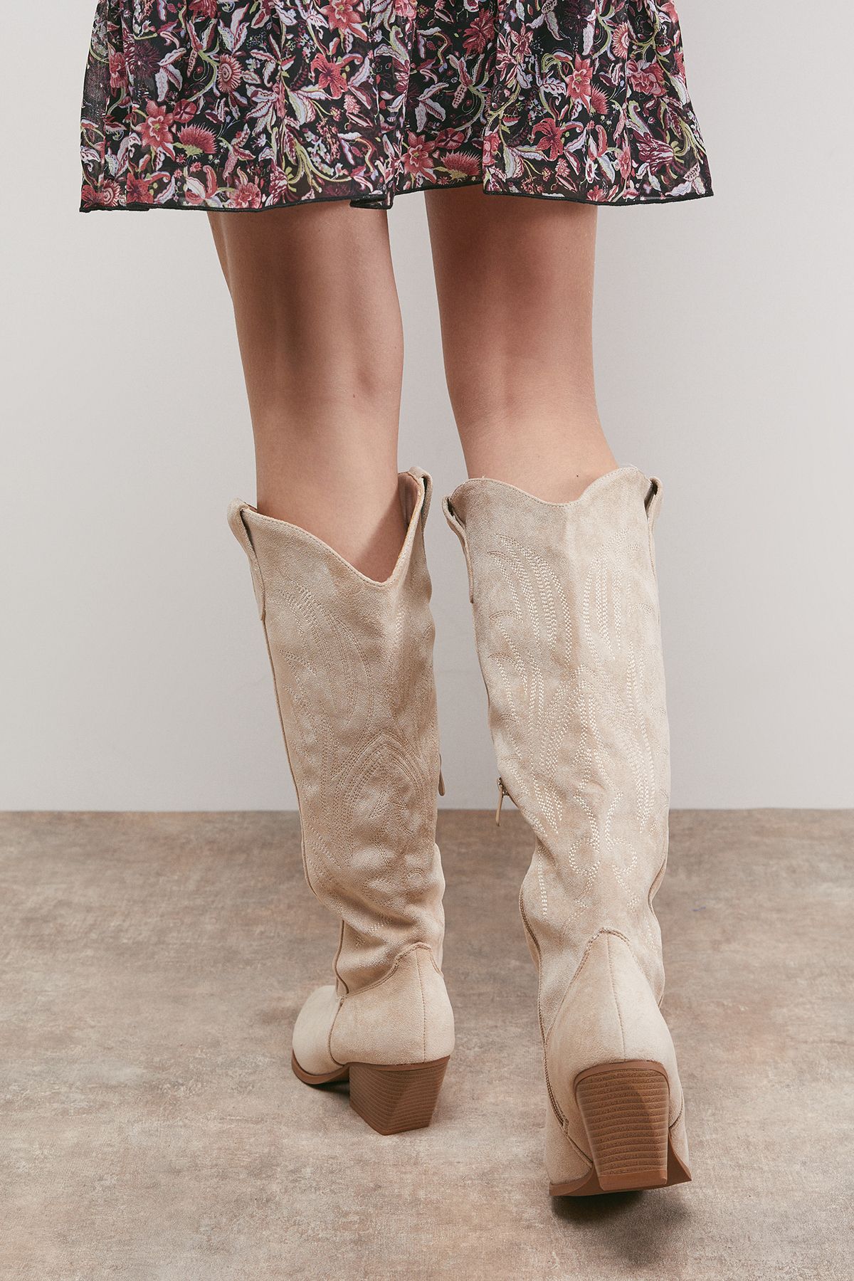 Oasis Maggie Faux Suede Embroidered Knee High Western Boots Beige image 3