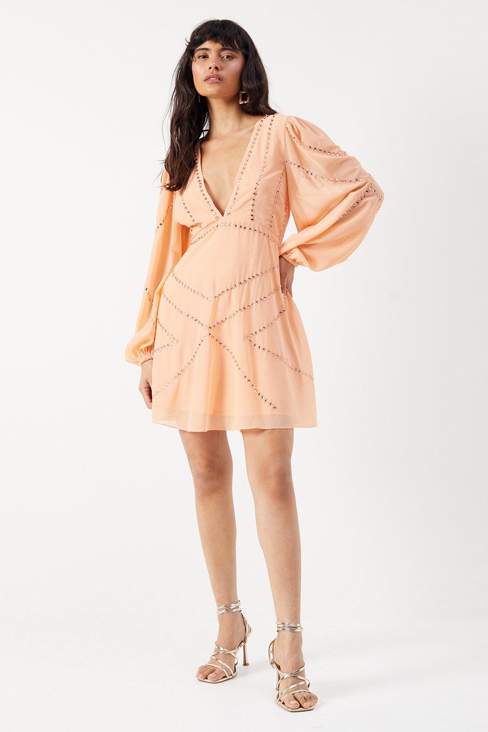 Warehouse Premium Chiffon Embellished Sequin Plunge Neck Mini Dress Washed Coral image 2