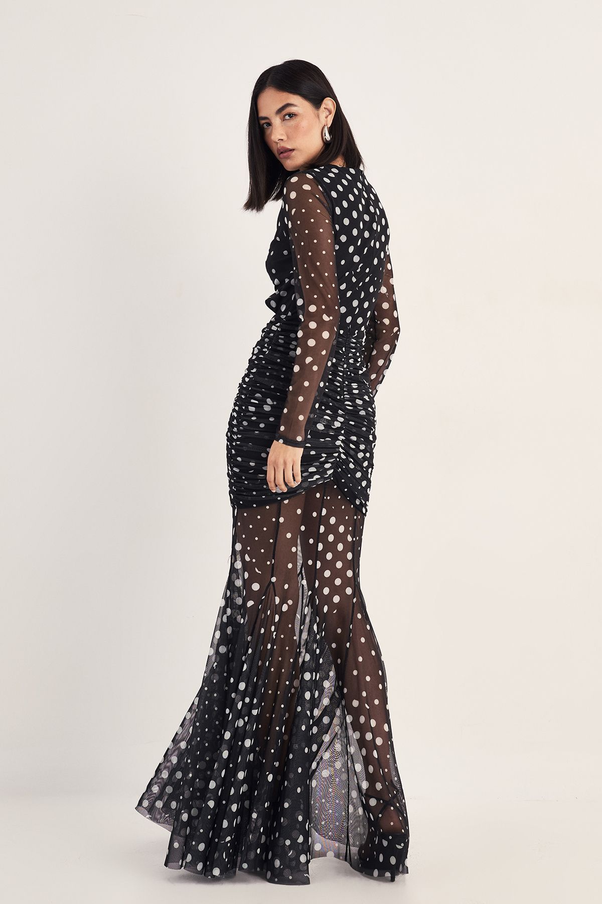 NastyGal Mesh Cut Out Polka Dot Print Maxi Dress Mono image 4