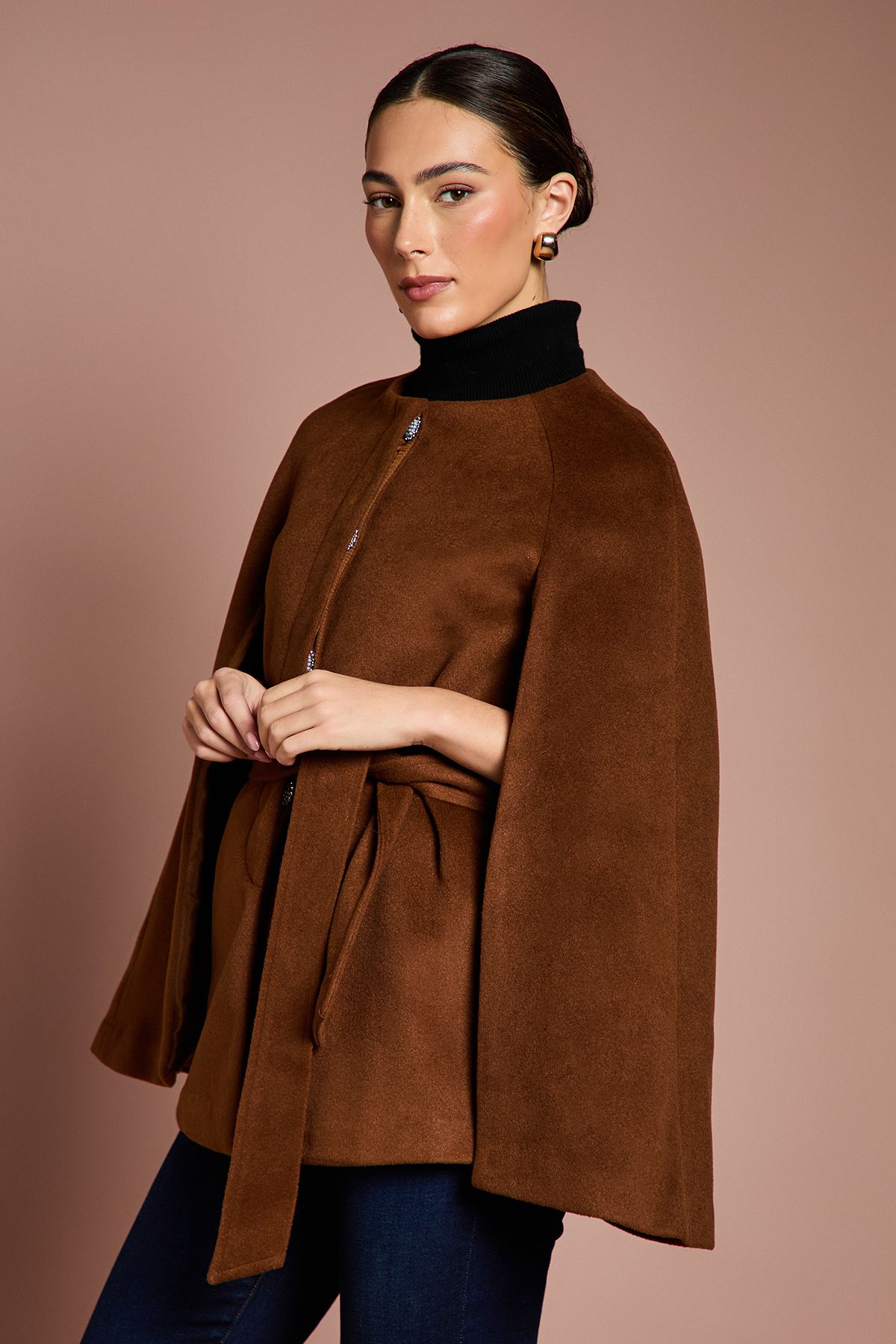 Coast Lisa Tan Belted Short Occasion Cape Coat Tobacco