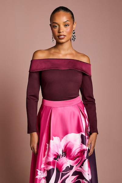 Coast Petite Satin Bardot Compact Crepe Long Sleeve Top Berry