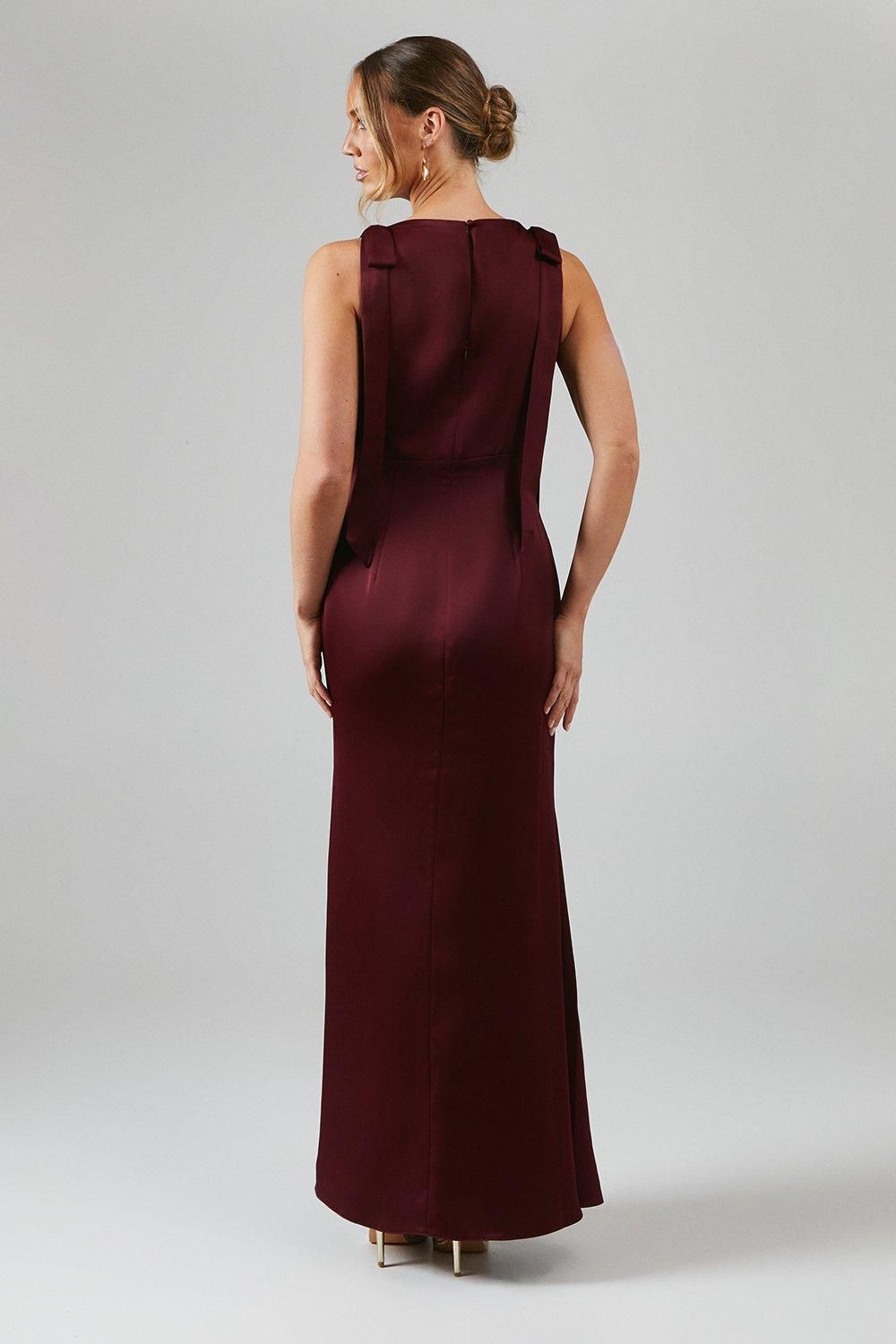 Coast Coast Honoured Sleeveless High Neck Tie Shoulder Satin Maxi Bridesmaid Dress Malbec image 3