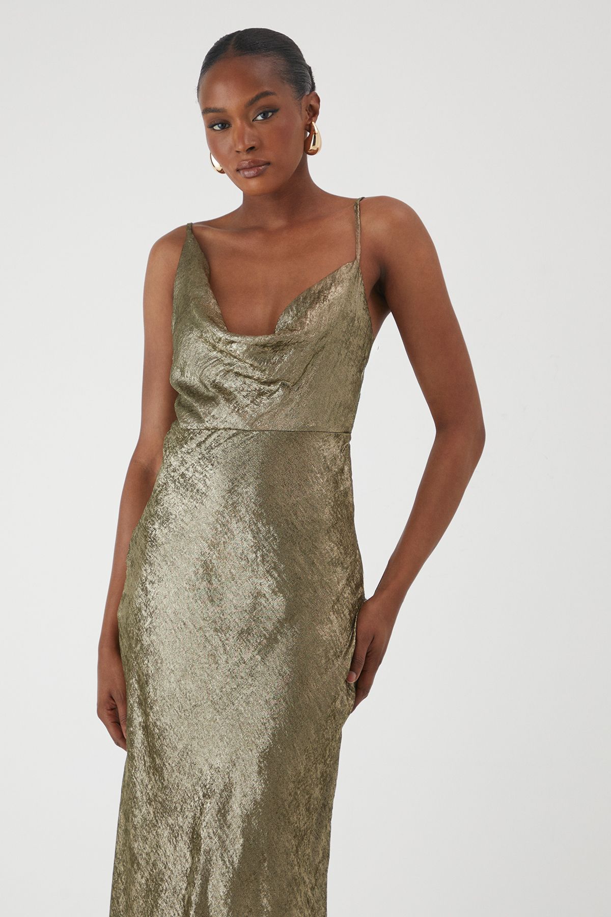 MissPap Metallic Asymmetric Cowl Dress Khaki image 4