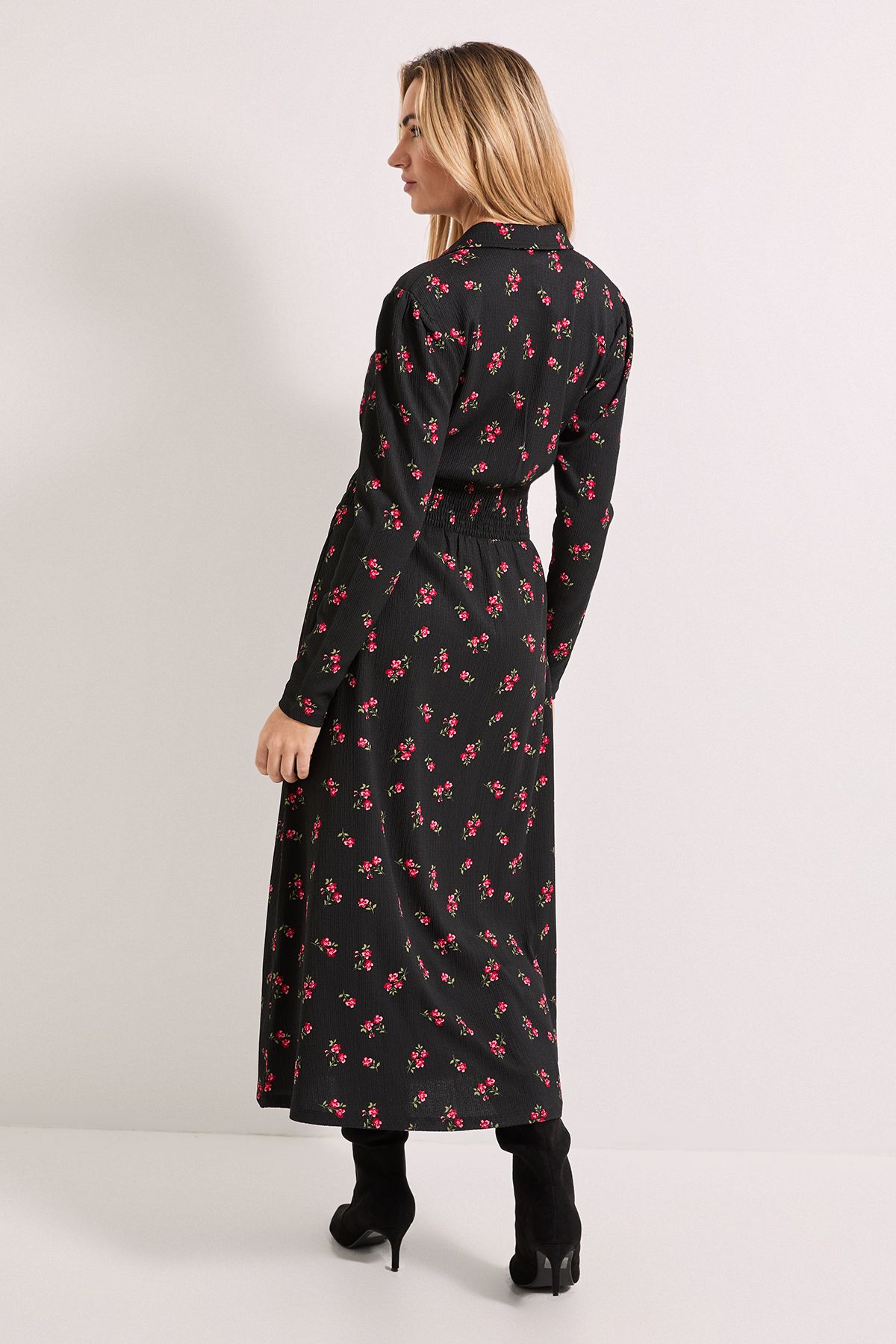 Dorothy Perkins Floral Collared Shirred Back Long Sleeve Jersey Midi Dress Floral image 3