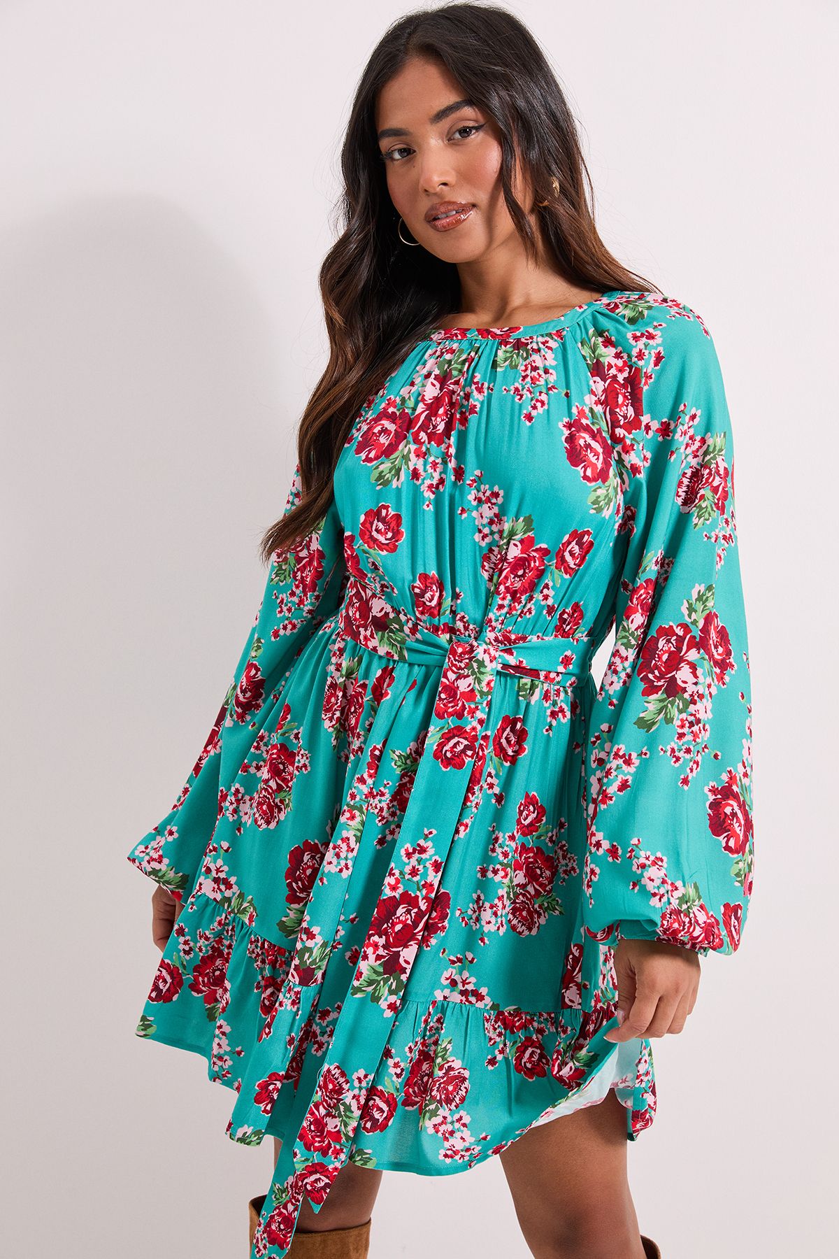 Dorothy Perkins Petite Floral Printed Blouson Sleeve Mini Dress Floral image 2