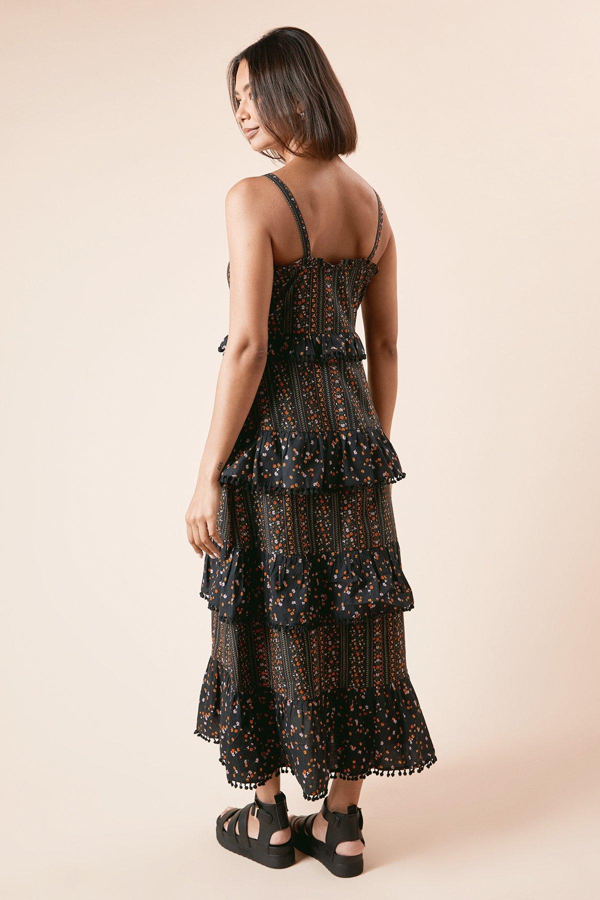 Dorothy Perkins Linear Floral Printed Ruffle Pom Pom Midi Dress Black image 3