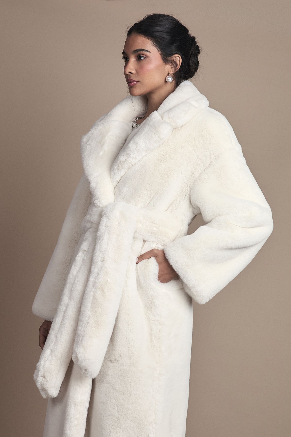Coast Ivory Occasion Belted Longline Faux Fur Coat Ivory image 2