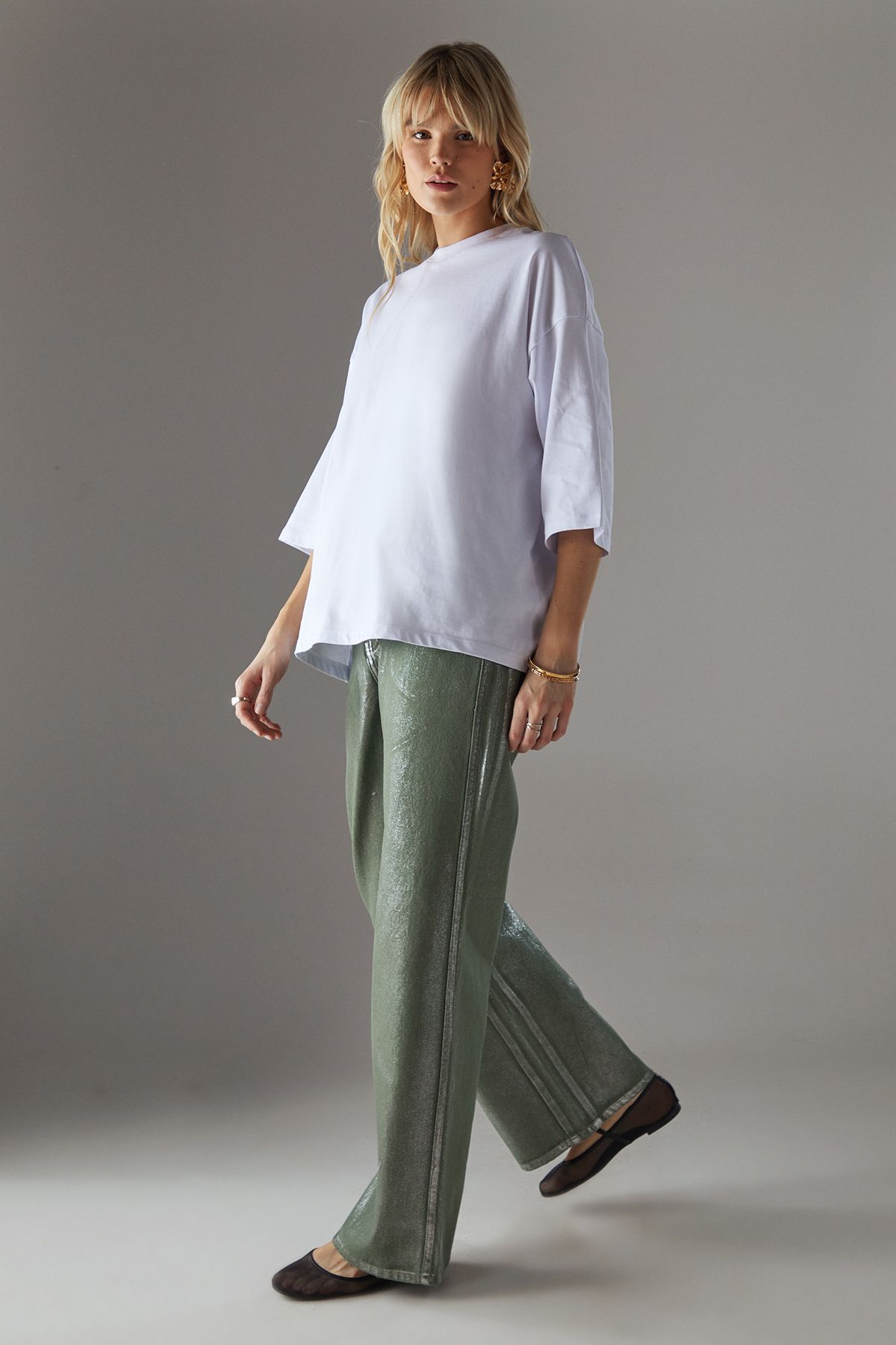 Warehouse Foil Coated High Waist Wide Leg Jeans Khaki image 1