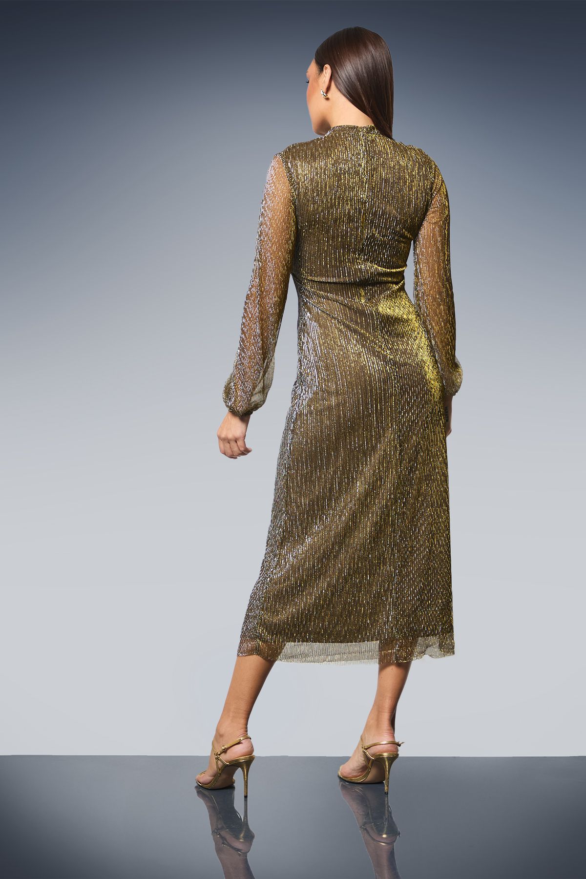 Principles Keyhole Detail Sparkle Plisse Jersey Midi Dress Gold image 3