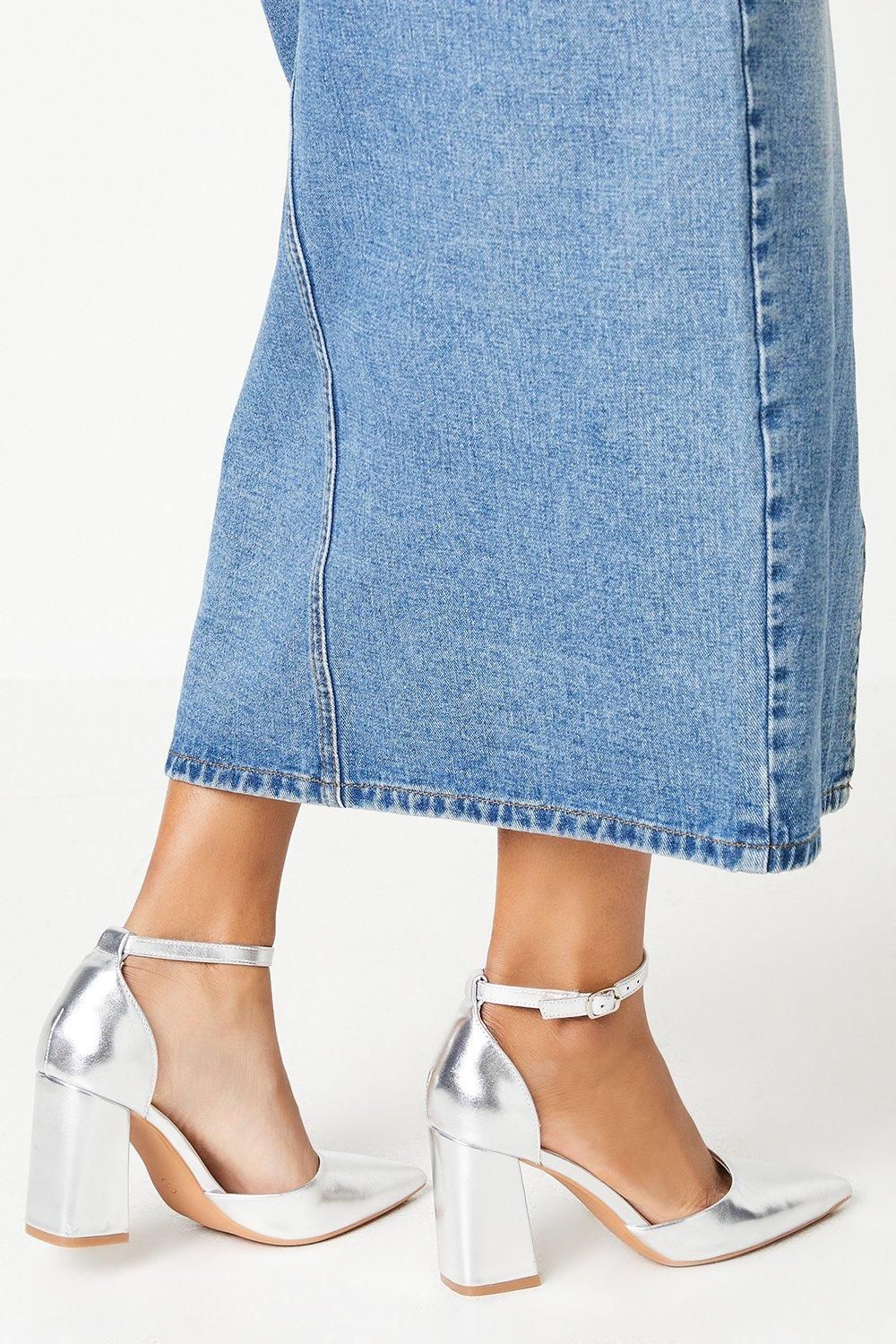 Dorothy Perkins Blanche Ankle Strap Pointed High Block Heel Court Shoes Silver