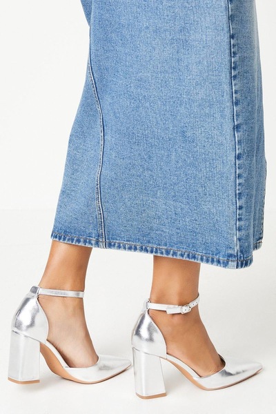 Dorothy Perkins Blanche Ankle Strap Pointed High Block Heel Court Shoes Silver