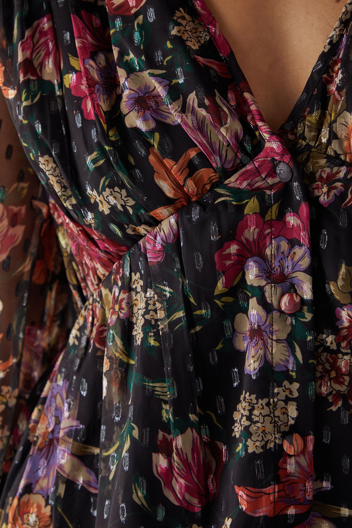 Warehouse Printed Metallic Chiffon Hanky Hem Midi Dress Floral image 5