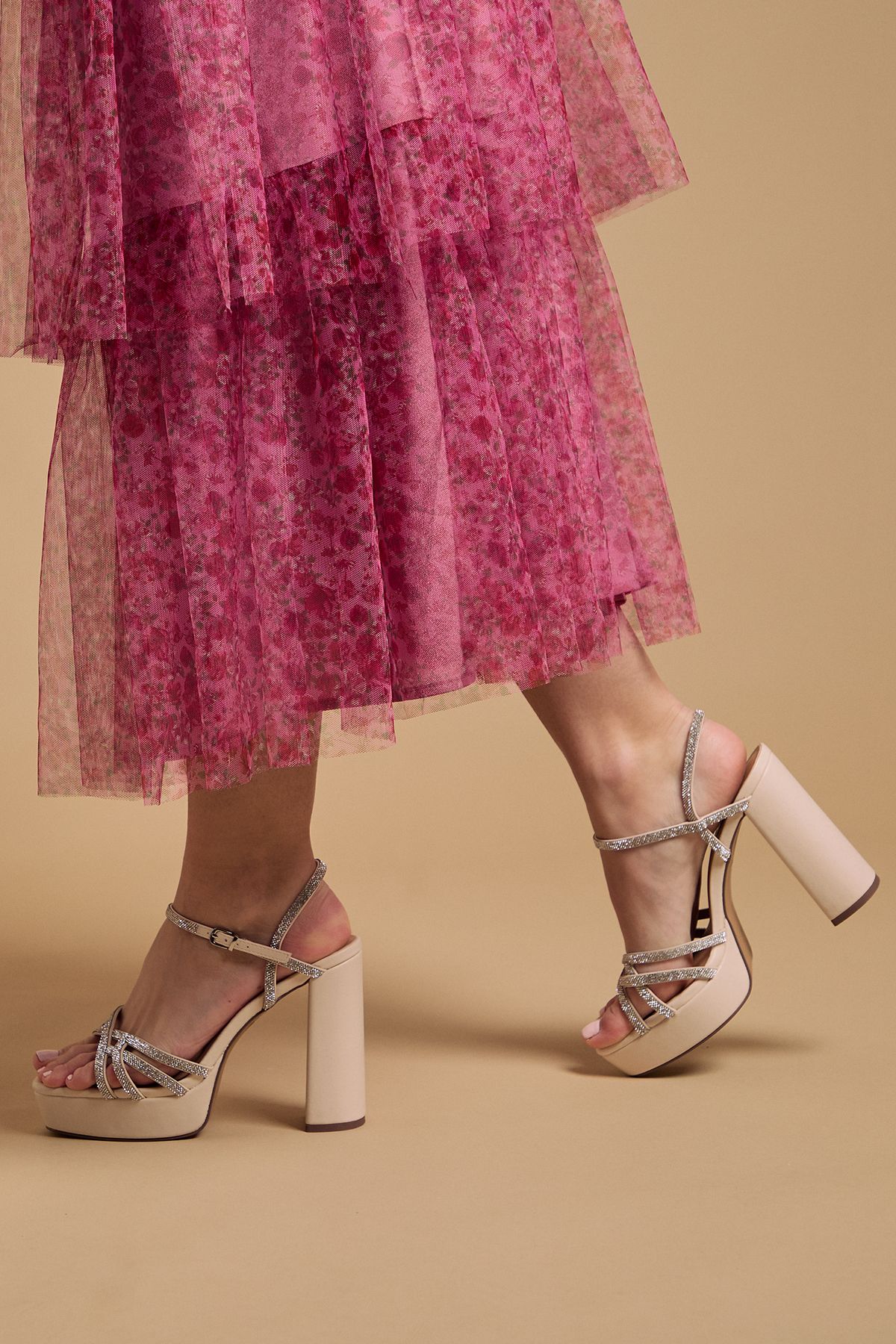 Oasis Mona Faux Leather Embellished High Block Heel Platform Sandals Beige