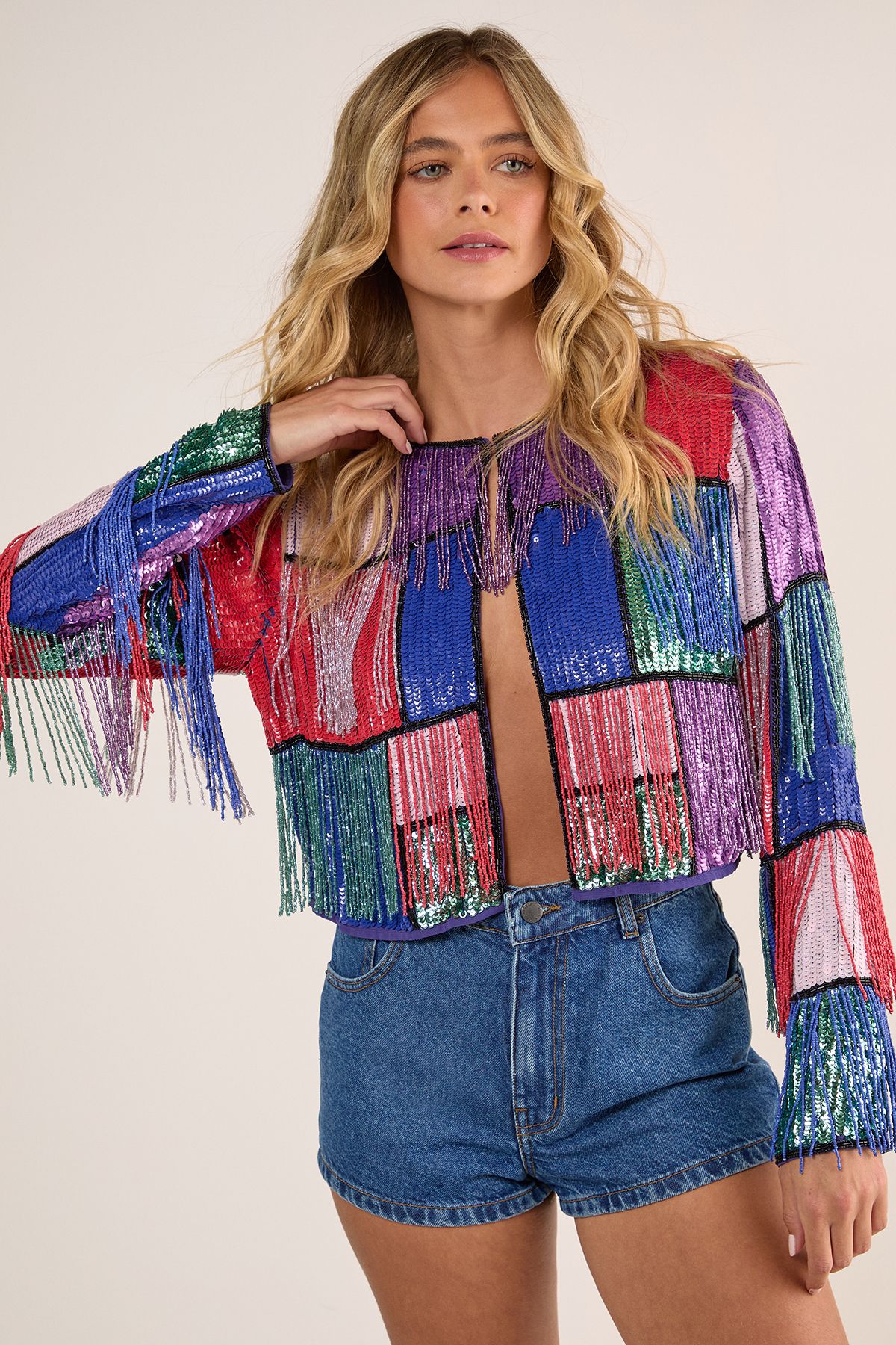 NastyGal Colour Block Check Tassel Sequin Jacket Multi image 2