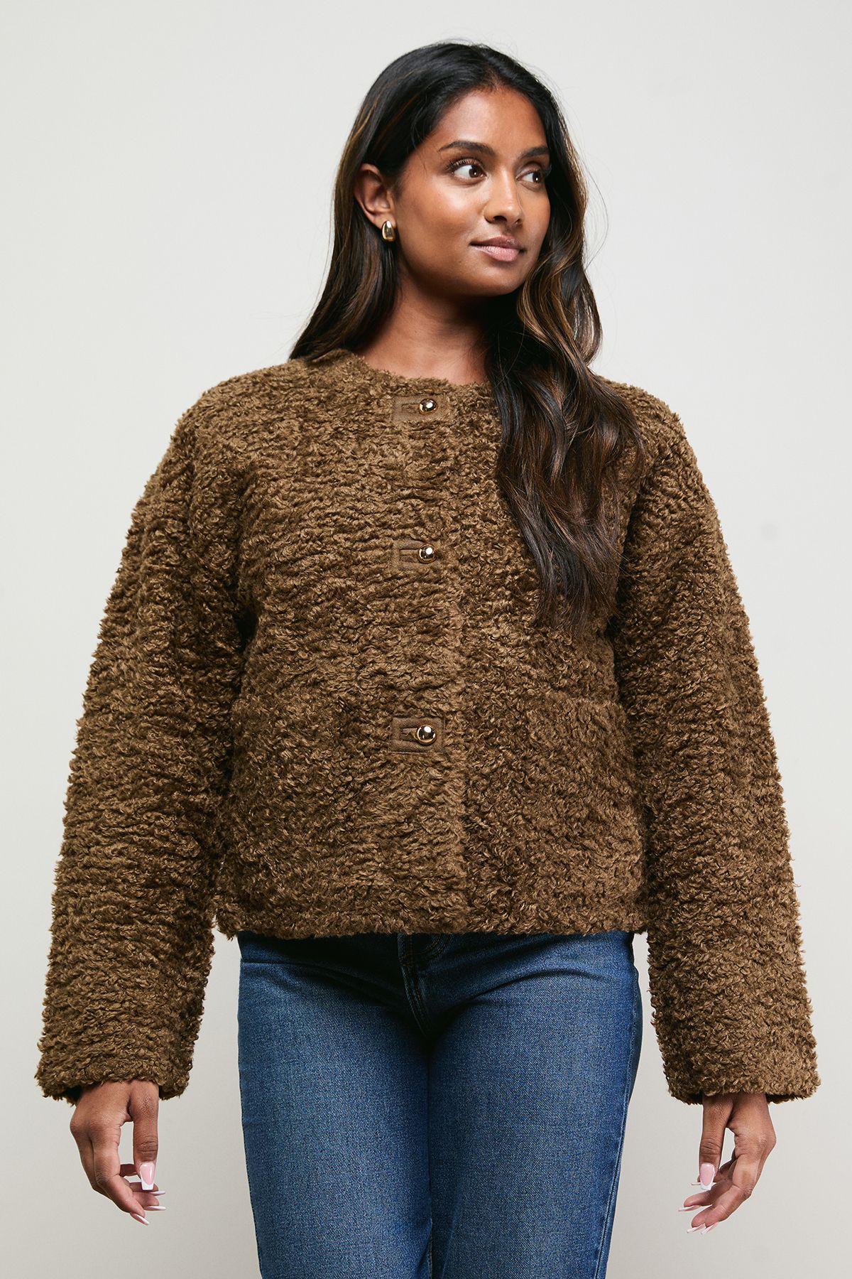 Oasis Faux Fur Brown Short Coat Chocolate image 2