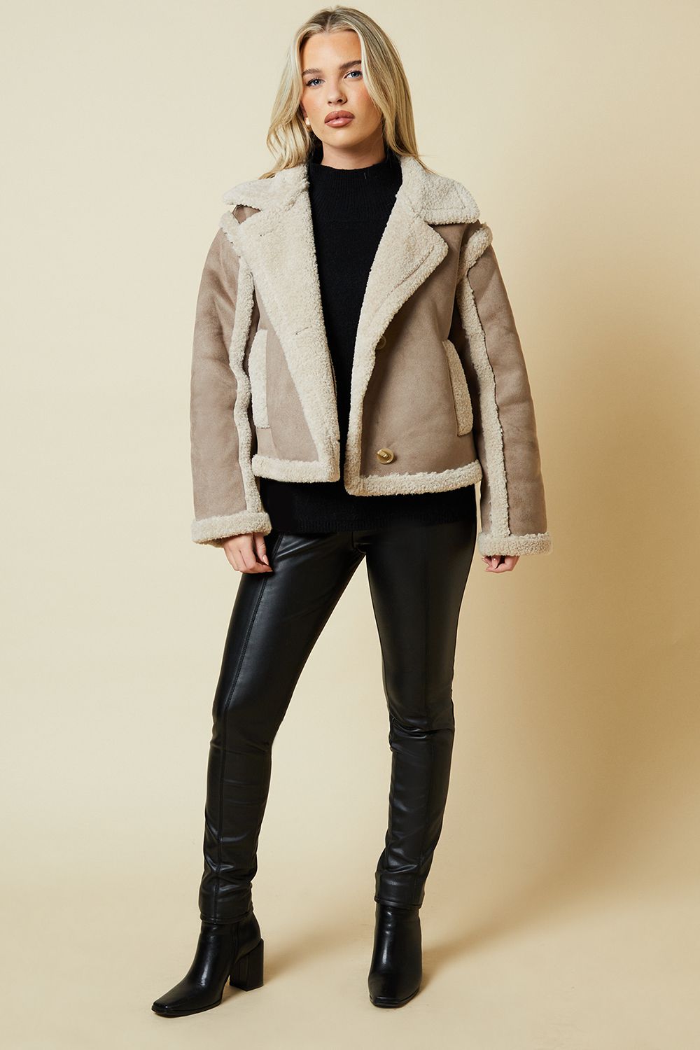 Dorothy Perkins Petite Cropped Aviator Jacket Taupe image 2