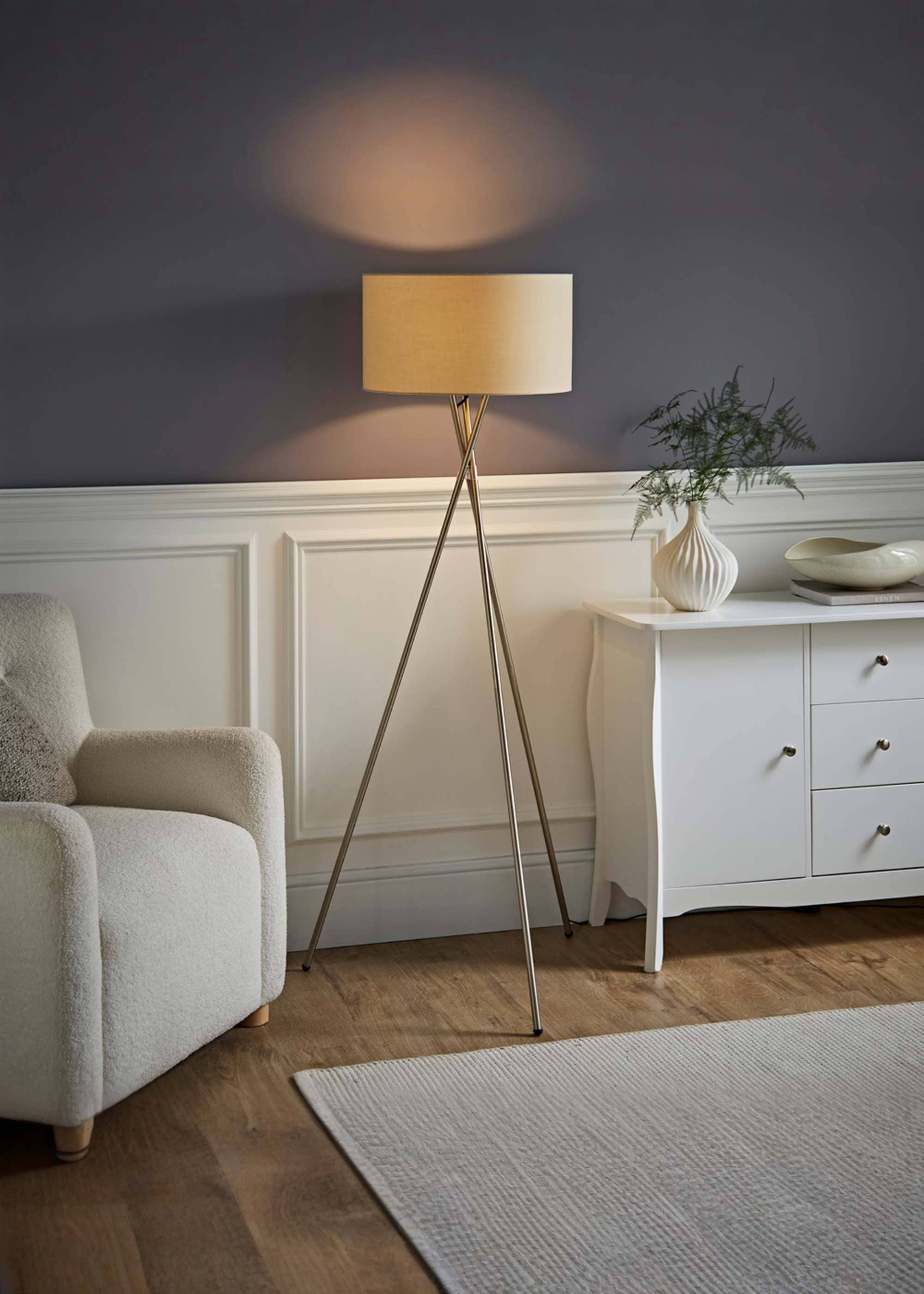 ValueLights Camden Brushed Chrome Tripod Floor Lamp with Natural Drum Lamp Shade image 1