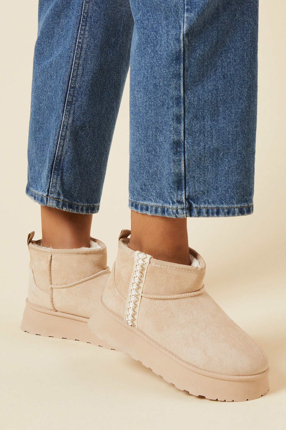 Dorothy Perkins Hania Suedette Faux Fur Lined Stitch Detail Cosy Chunky Flatform Ankle Boots Beige image 1