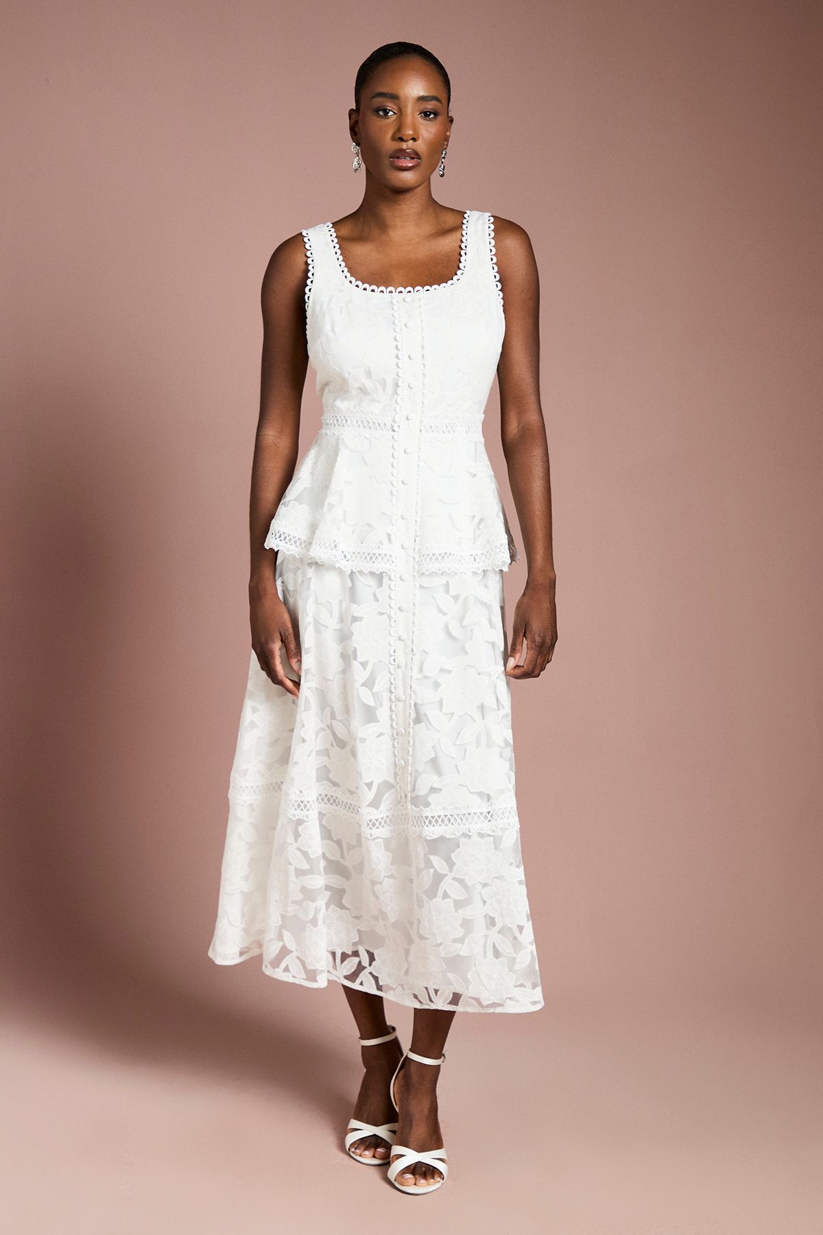 Coast Peplum Hem Button Down Lace Midi Dress Ivory