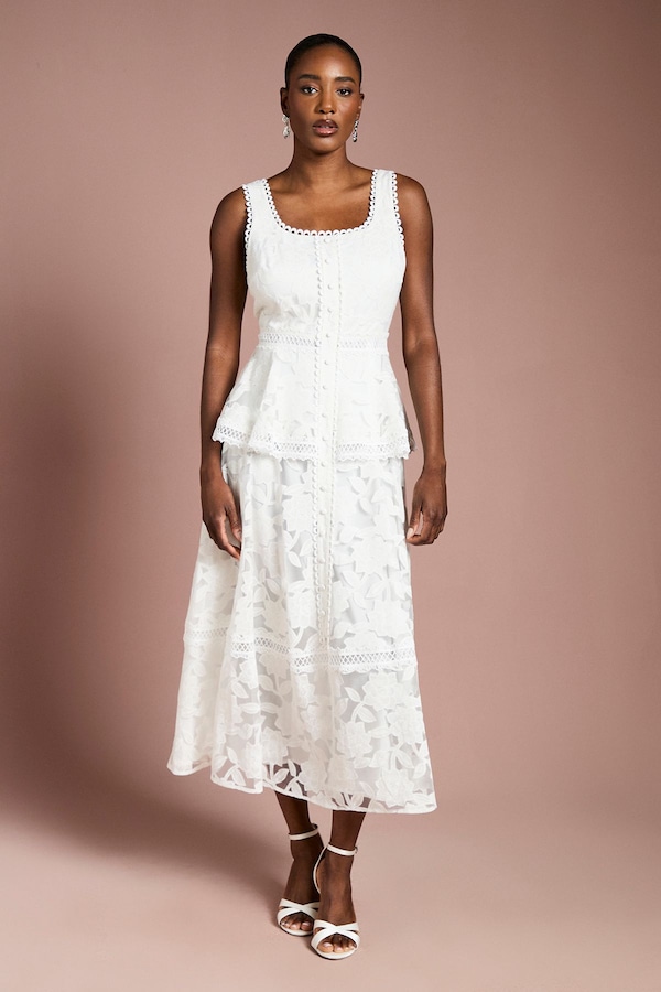 Coast Peplum Hem Button Down Lace Midi Dress Ivory