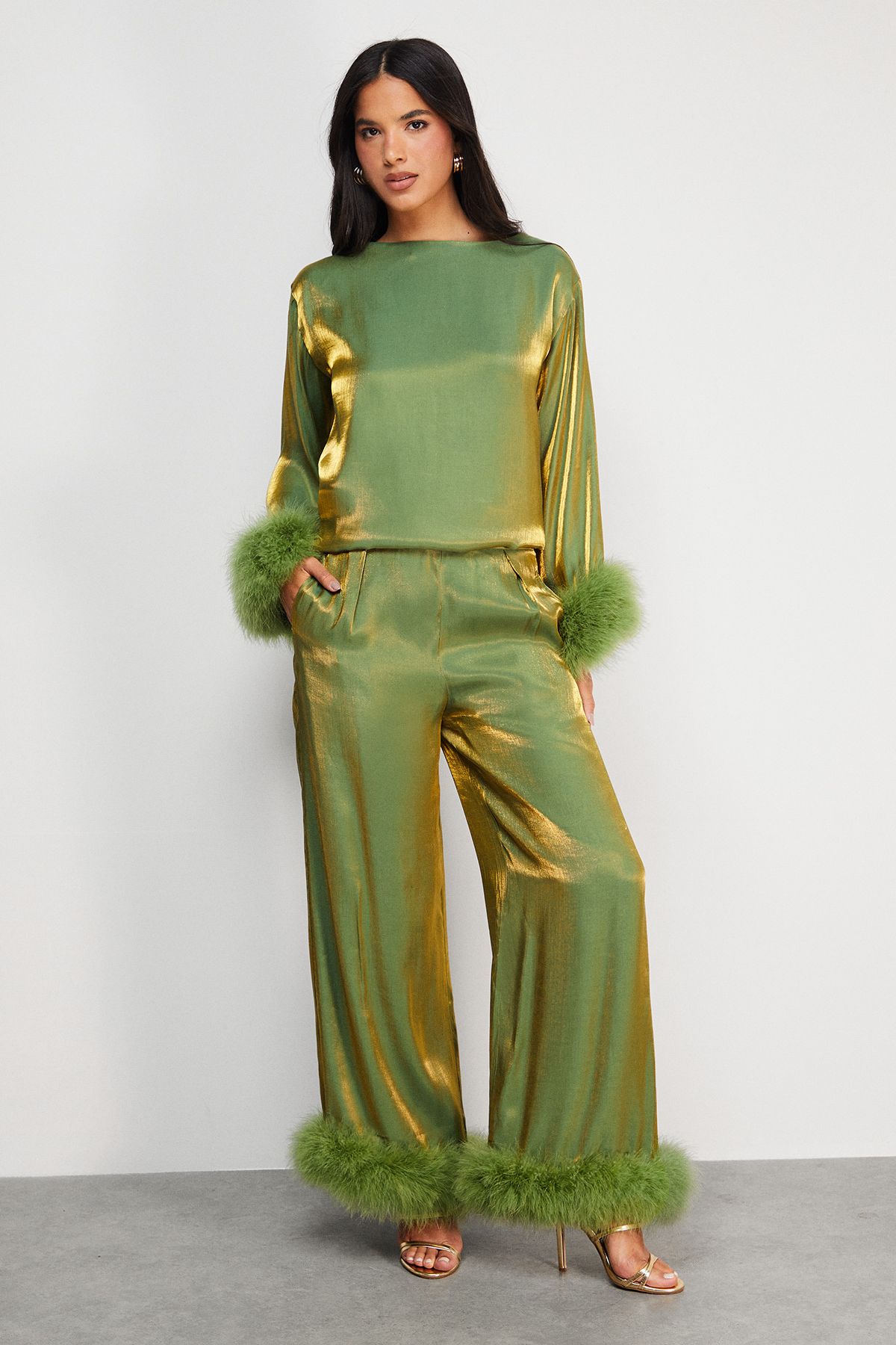 Warehouse Premium Iridescent Feather Cuff Wide Leg Trousers Green image 1