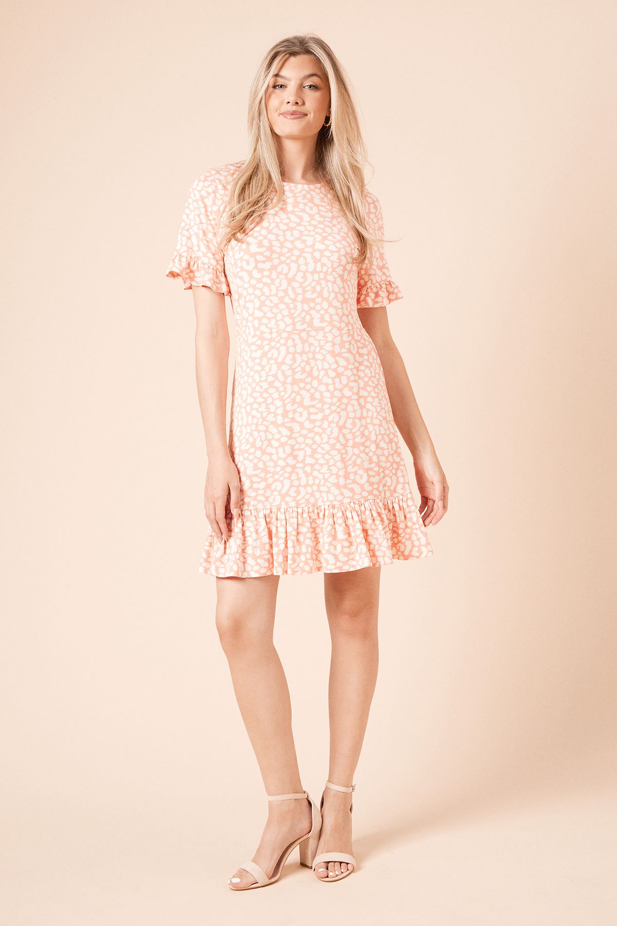 Dorothy Perkins Coral Animal Short Sleeve Frill Hem Mini Dress Animal image 1