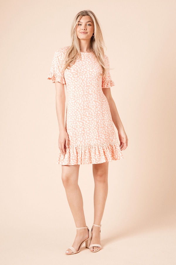 Dorothy Perkins Coral Animal Short Sleeve Frill Hem Mini Dress Animal