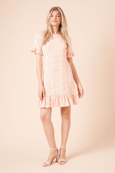 Dorothy Perkins Coral Animal Short Sleeve Frill Hem Mini Dress Animal