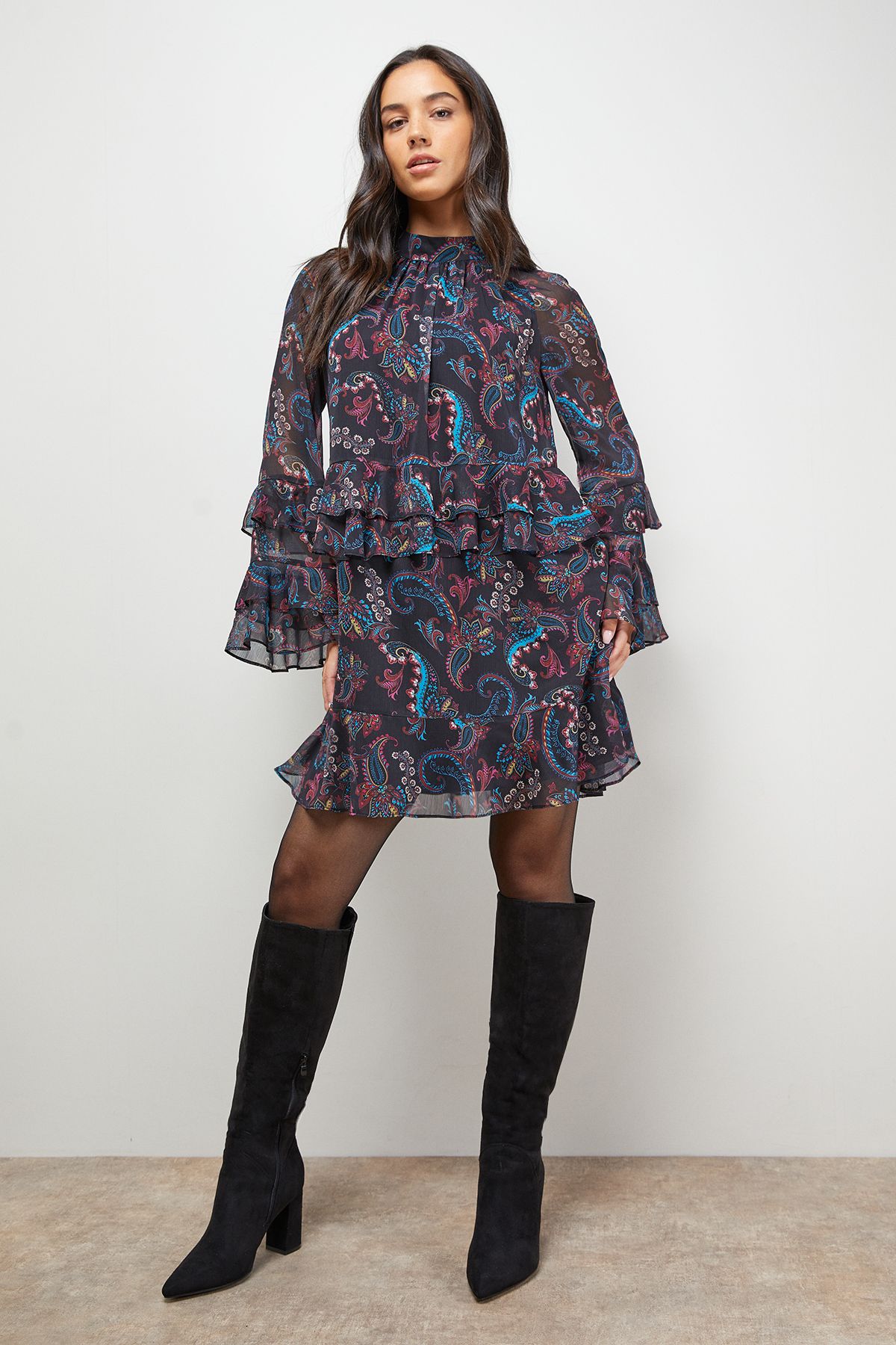 Oasis Layered Ruffle Sleeve Bow Back Mini Dress Multi image 4