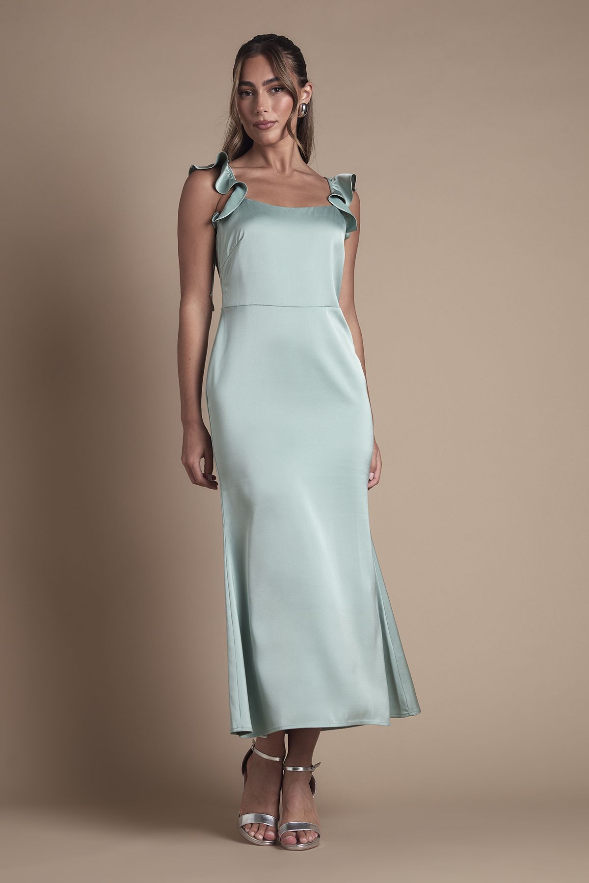 Oasis Oasis by Coast Ruffle Square Neck Satin Bridesmaid Midi Dress Sage image 2