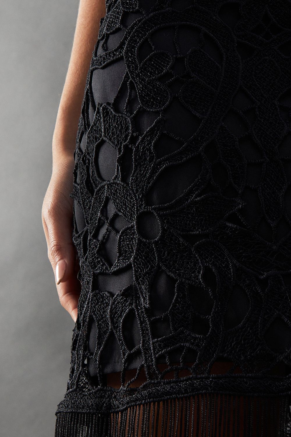 Warehouse Corded Lace Strappy Fringe Hem Mini Dress Black image 5