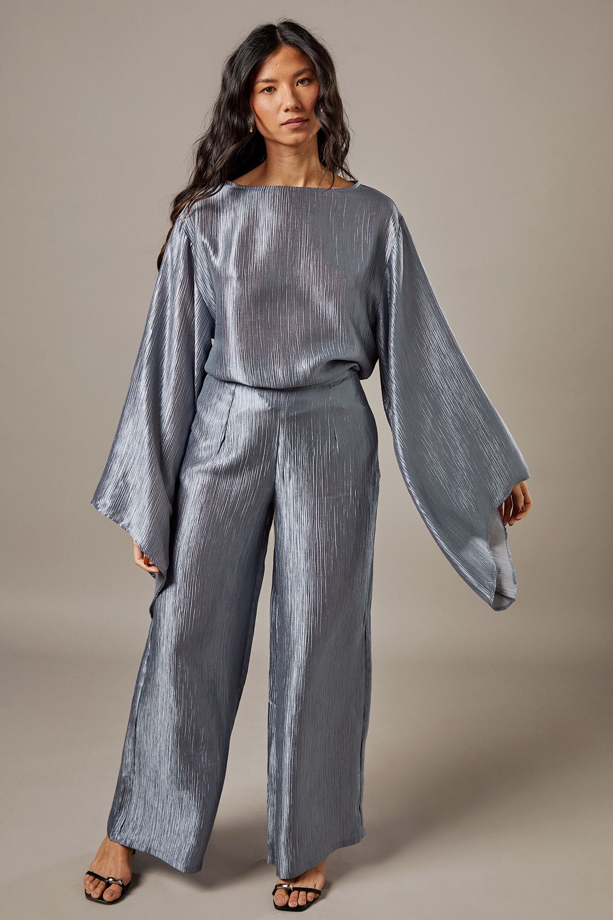 Warehouse Crinkle Satin Waterfall Sleeve Top Slate Grey image 2