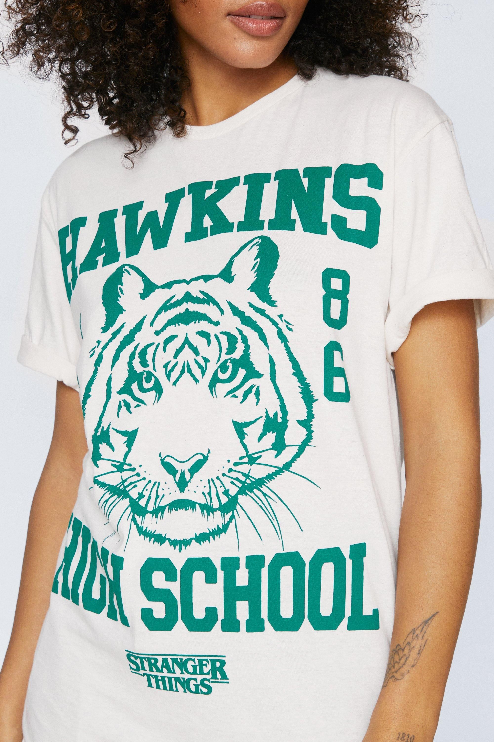 NastyGal Stranger Things Hawkins High Oversized T-shirt Ecru image 1