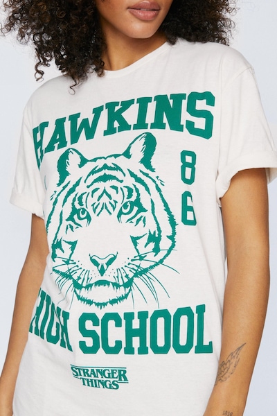 NastyGal Stranger Things Hawkins High Oversized T-shirt Ecru