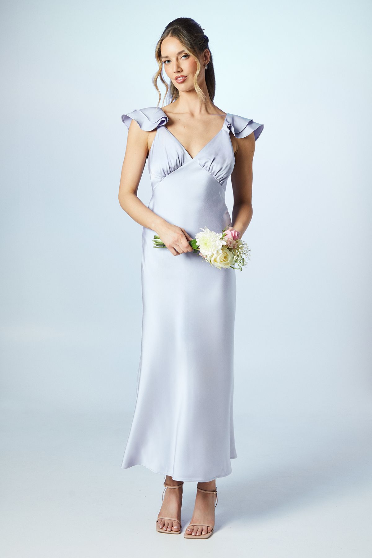 Oasis Petite Ruffle Neckline Satin Maxi Bridesmaid Dress Lavender image 1