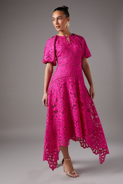 Coast Lace Hanky Hem Puff Sleeve Dress Pink