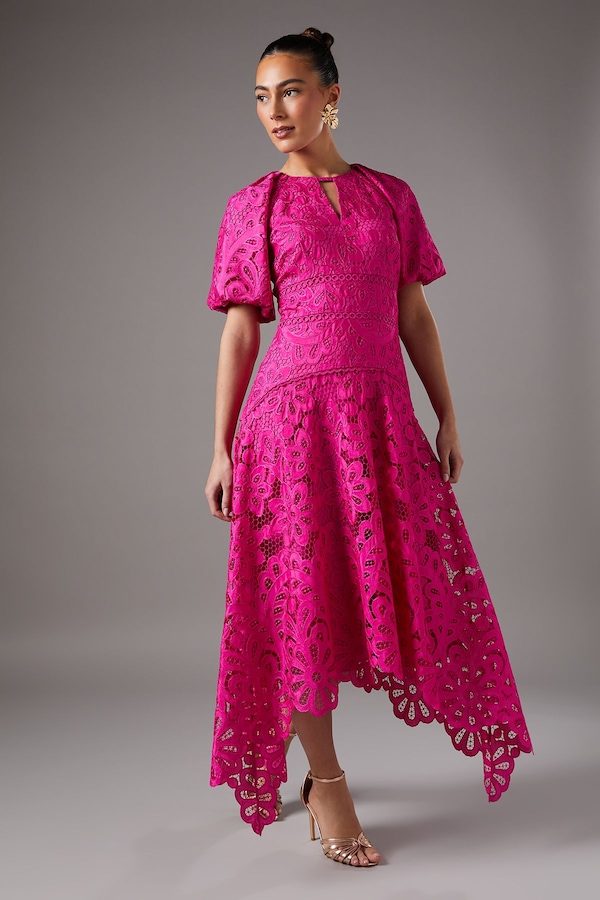 Coast Lace Hanky Hem Puff Sleeve Dress Pink