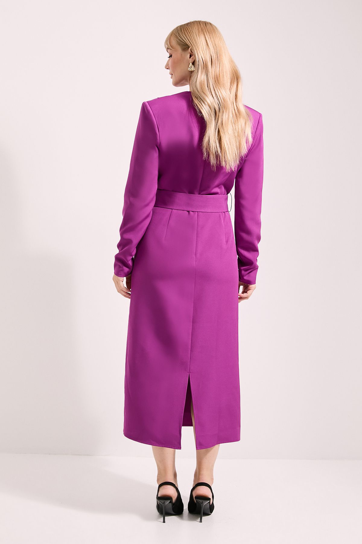 Principles Wrap Neck Belted Crepe Pencil Dress Magenta image 3