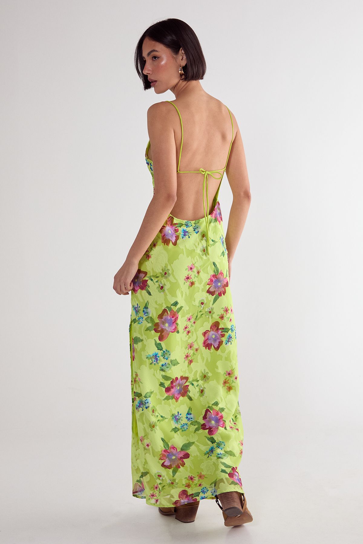 NastyGal Floral Burnout Strappy Tie Back Split Leg Maxi Dress Lime image 4