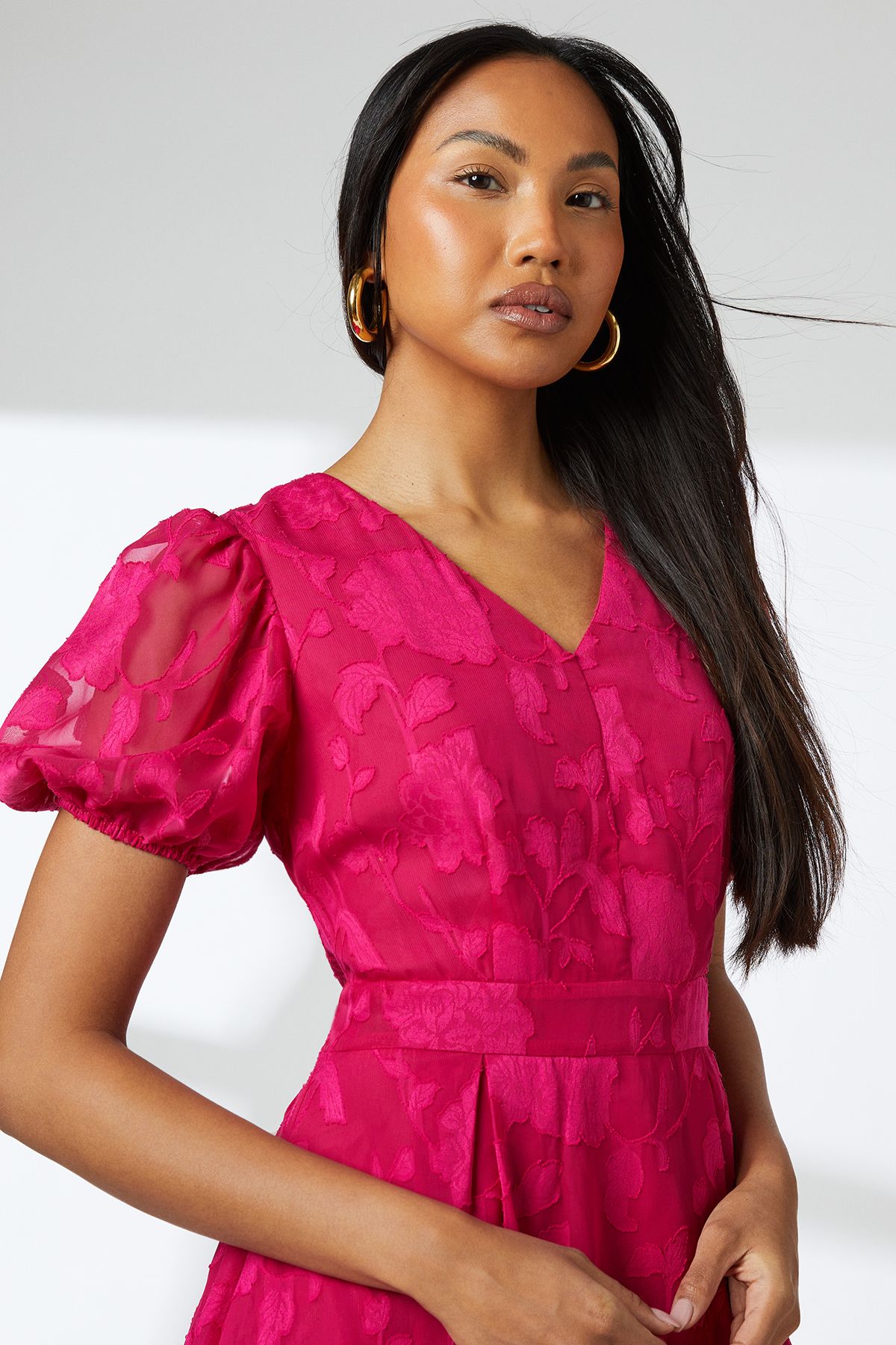 Principles Floral Jacquard Puff Sleeve Midi Dress Pink image 5