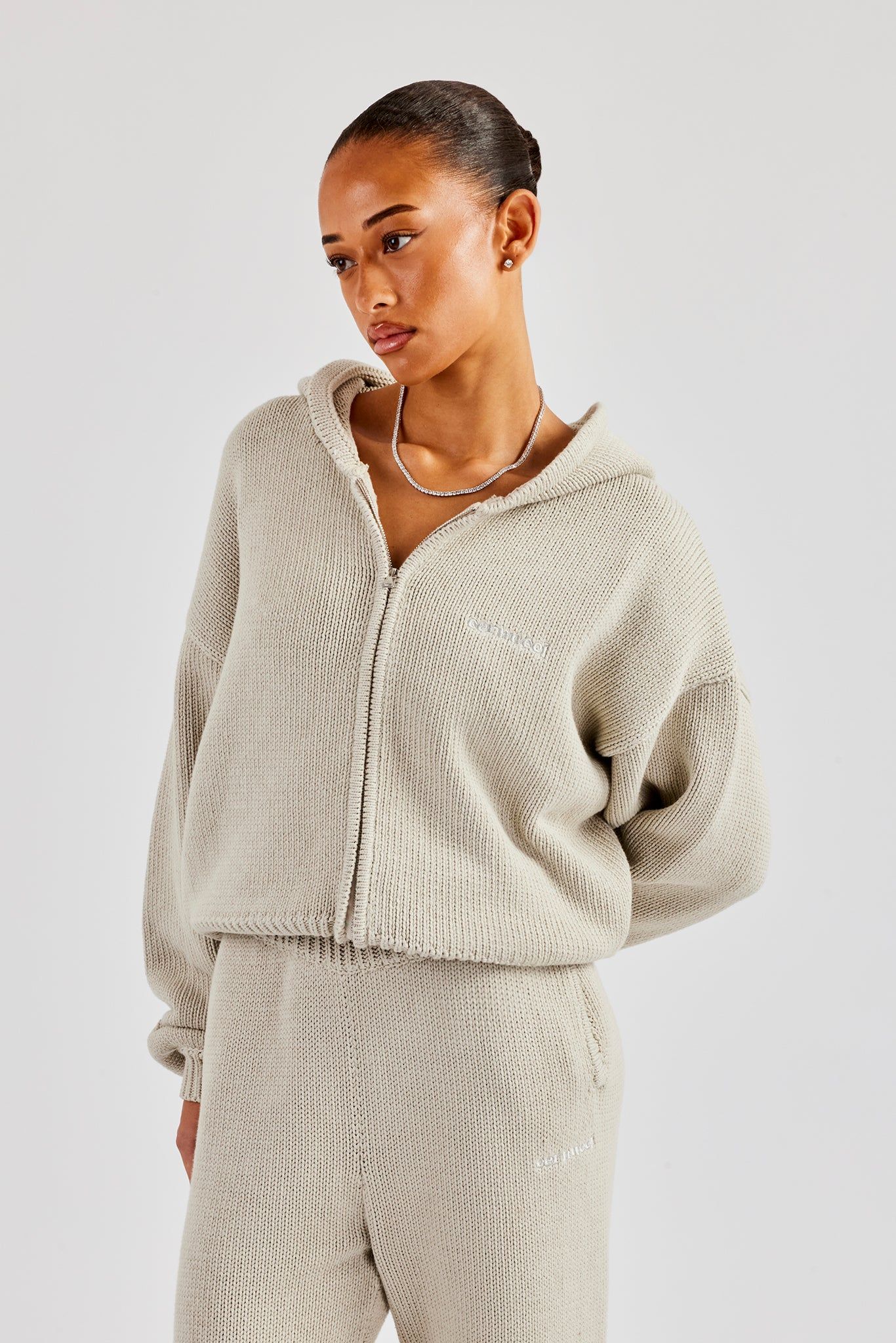 Cernucci Knitted Embroidered Zip Through Hoodie - Stone image 4